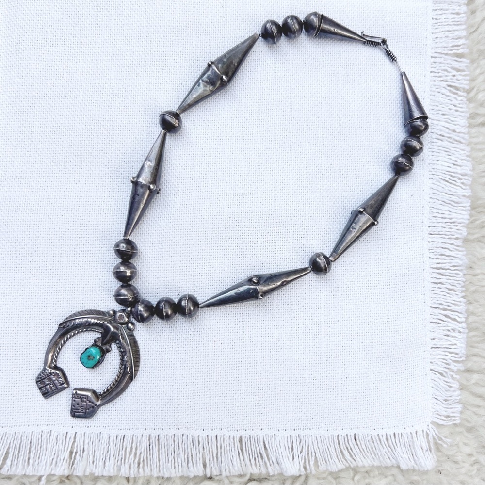 Vintage NATIVE Turquoise Sterling Silver Yeii Naja Pendant Necklace Navajo